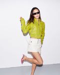 Lime green cropped leather jacket