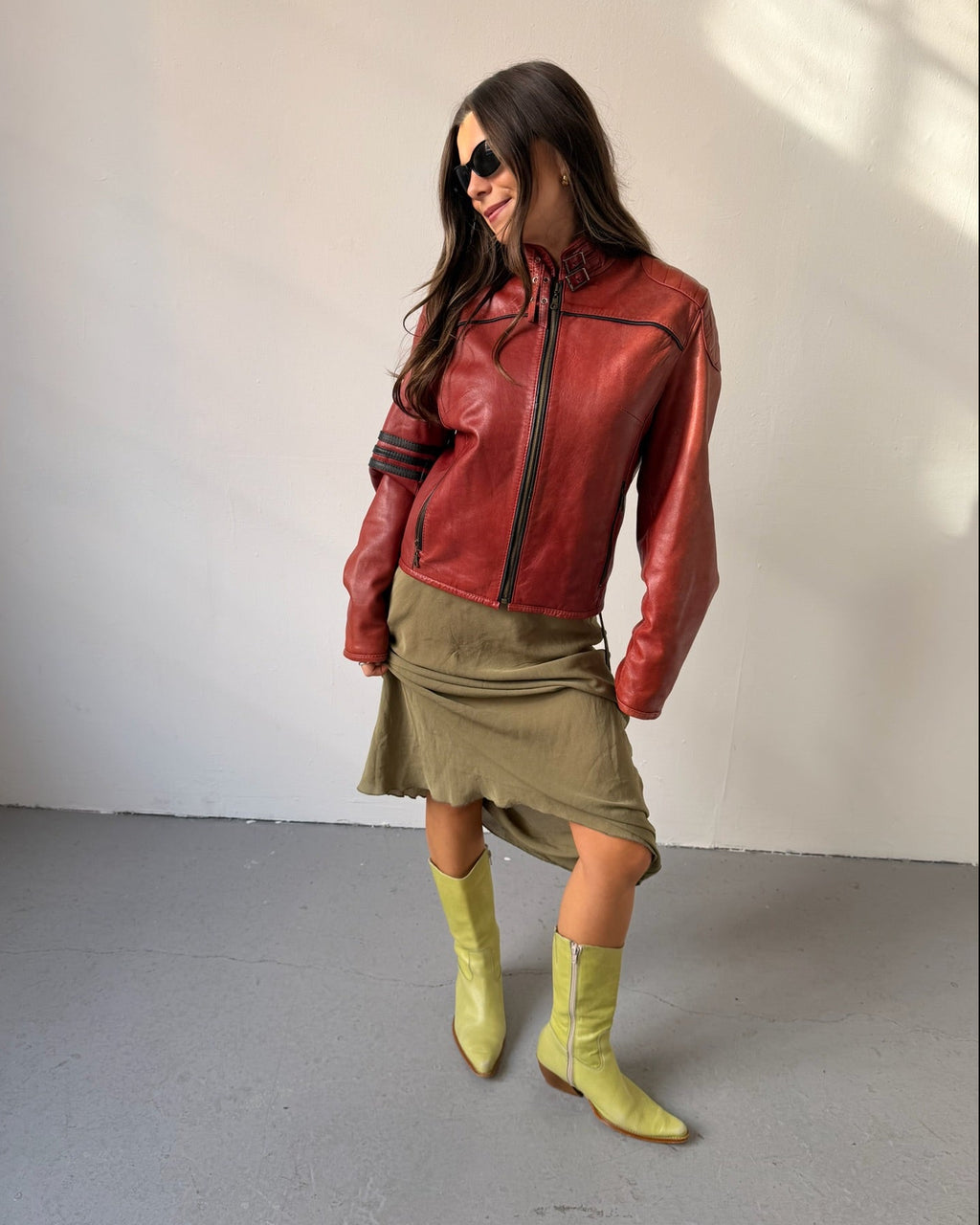 Red moto leather jacket