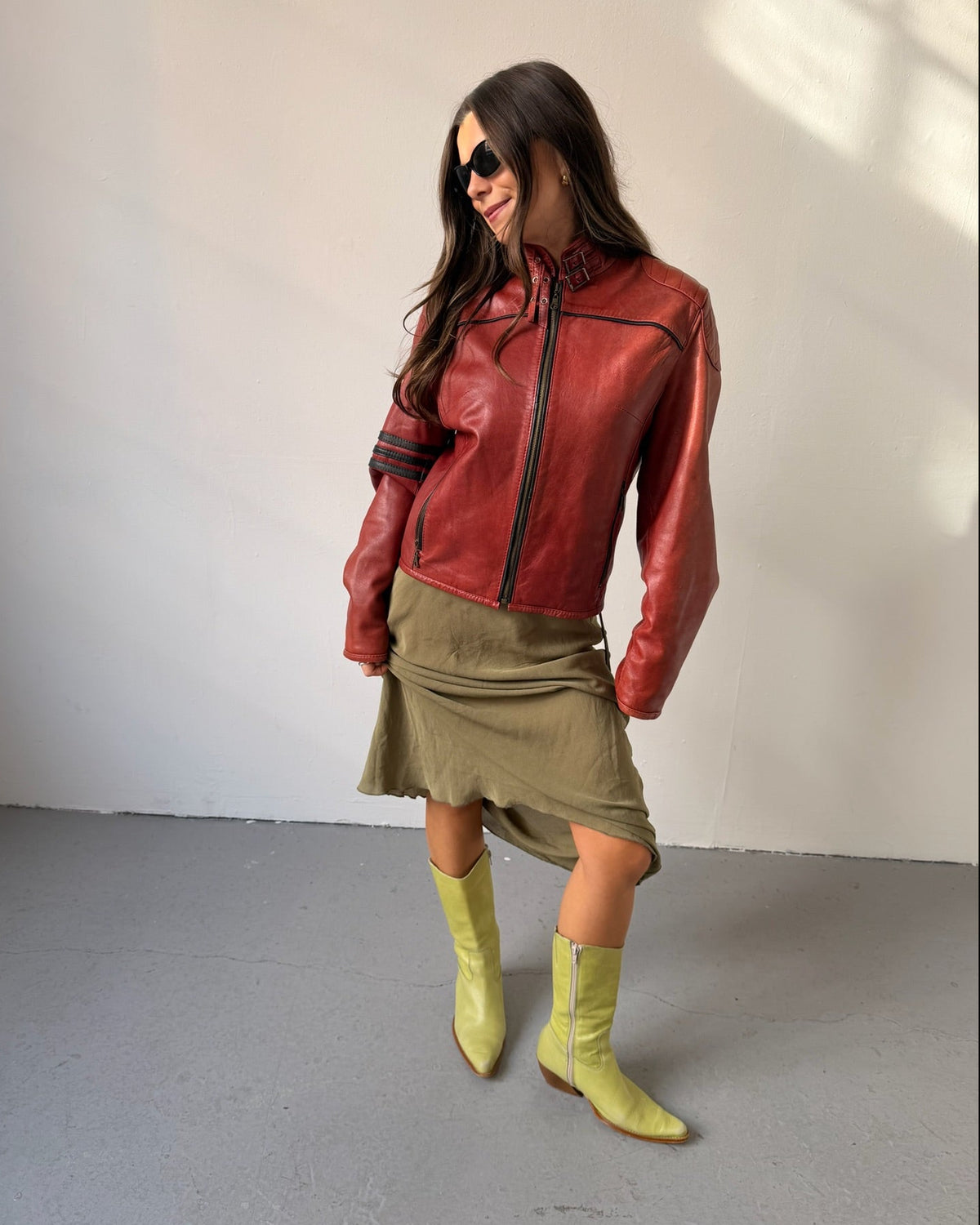 Red moto leather jacket