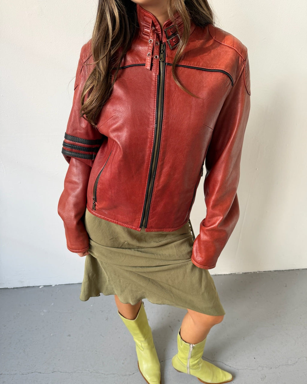 Red moto leather jacket