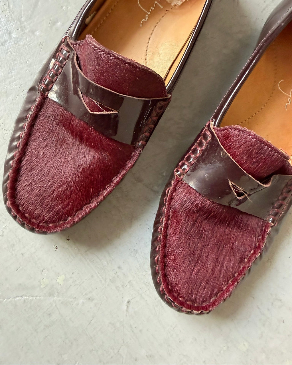 Wine red pony hair loafers