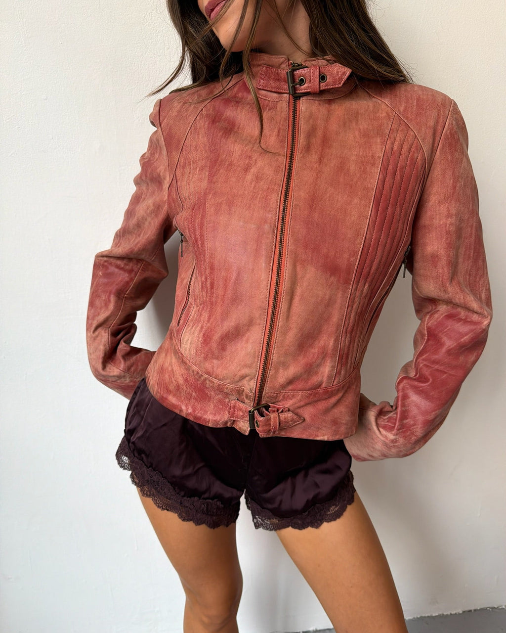 Pink washed leather jacket