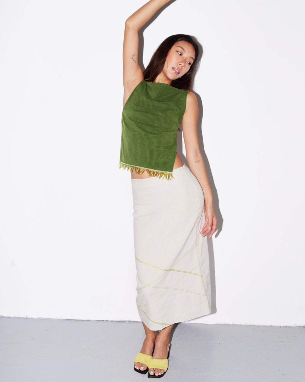 Cream midi green stitch skirt