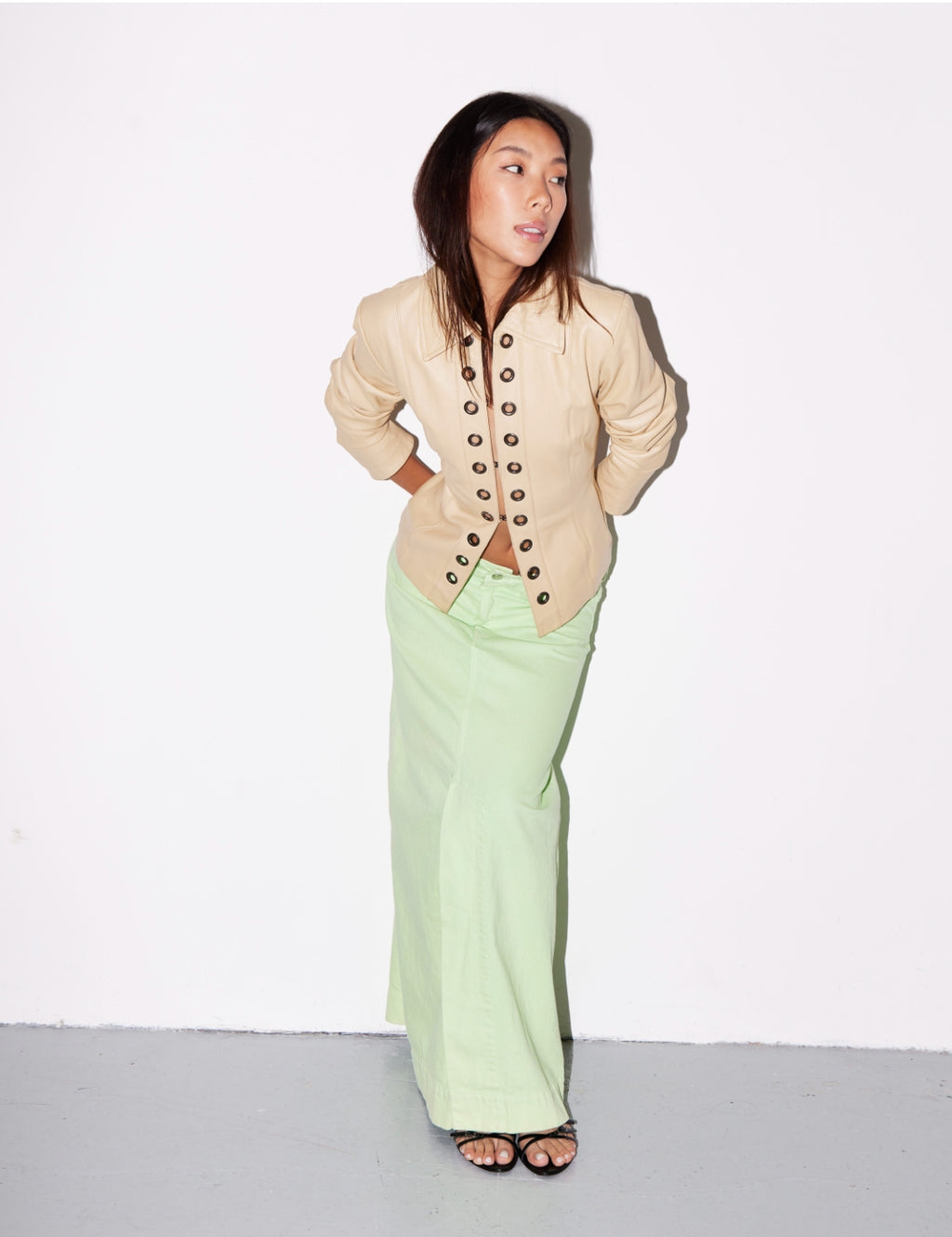Mint green denim maxi skirt