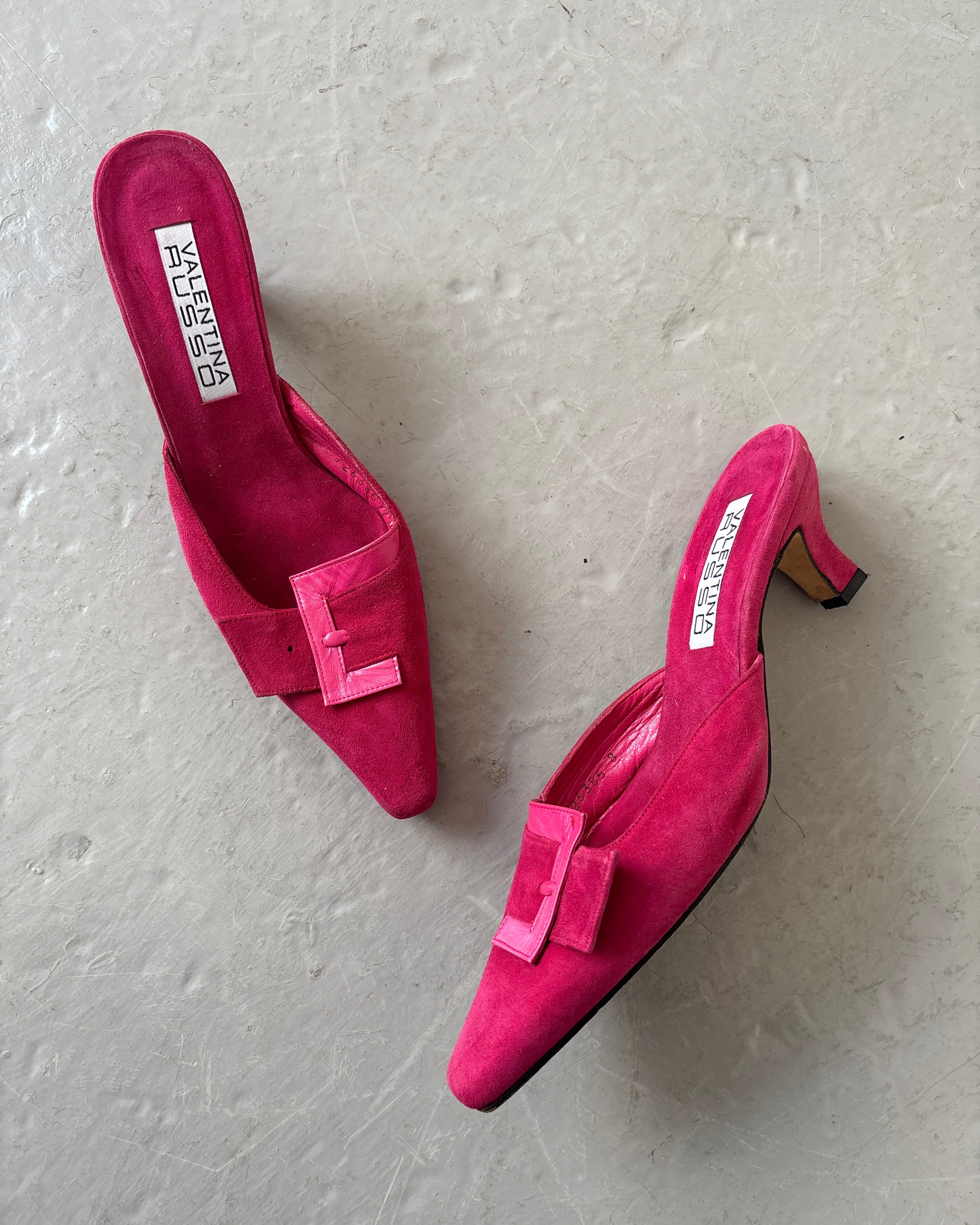 Pink suede kitten heels