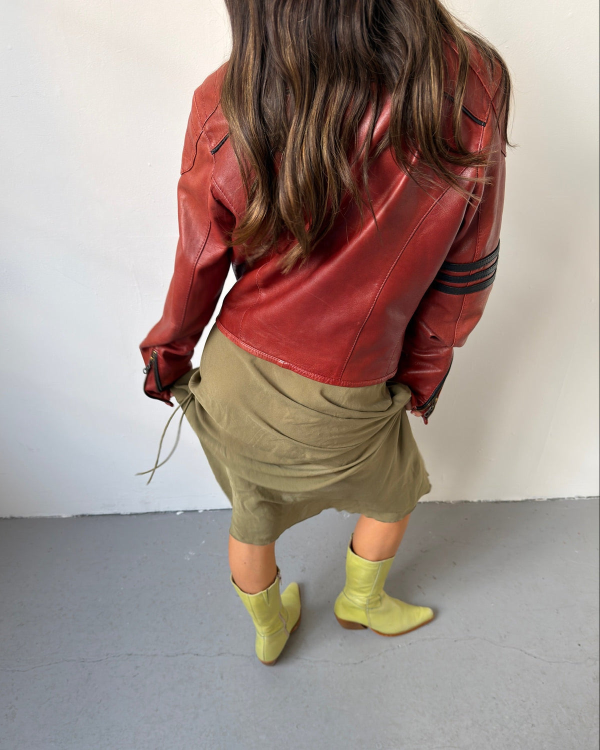 Red moto leather jacket