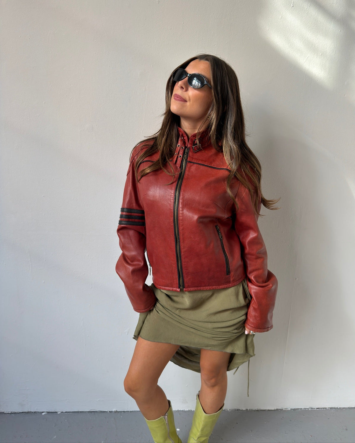 Red moto leather jacket