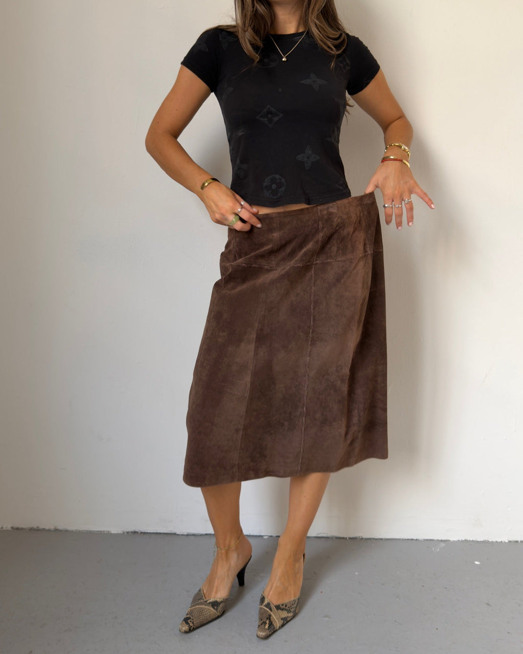 Brown suede midi skirt