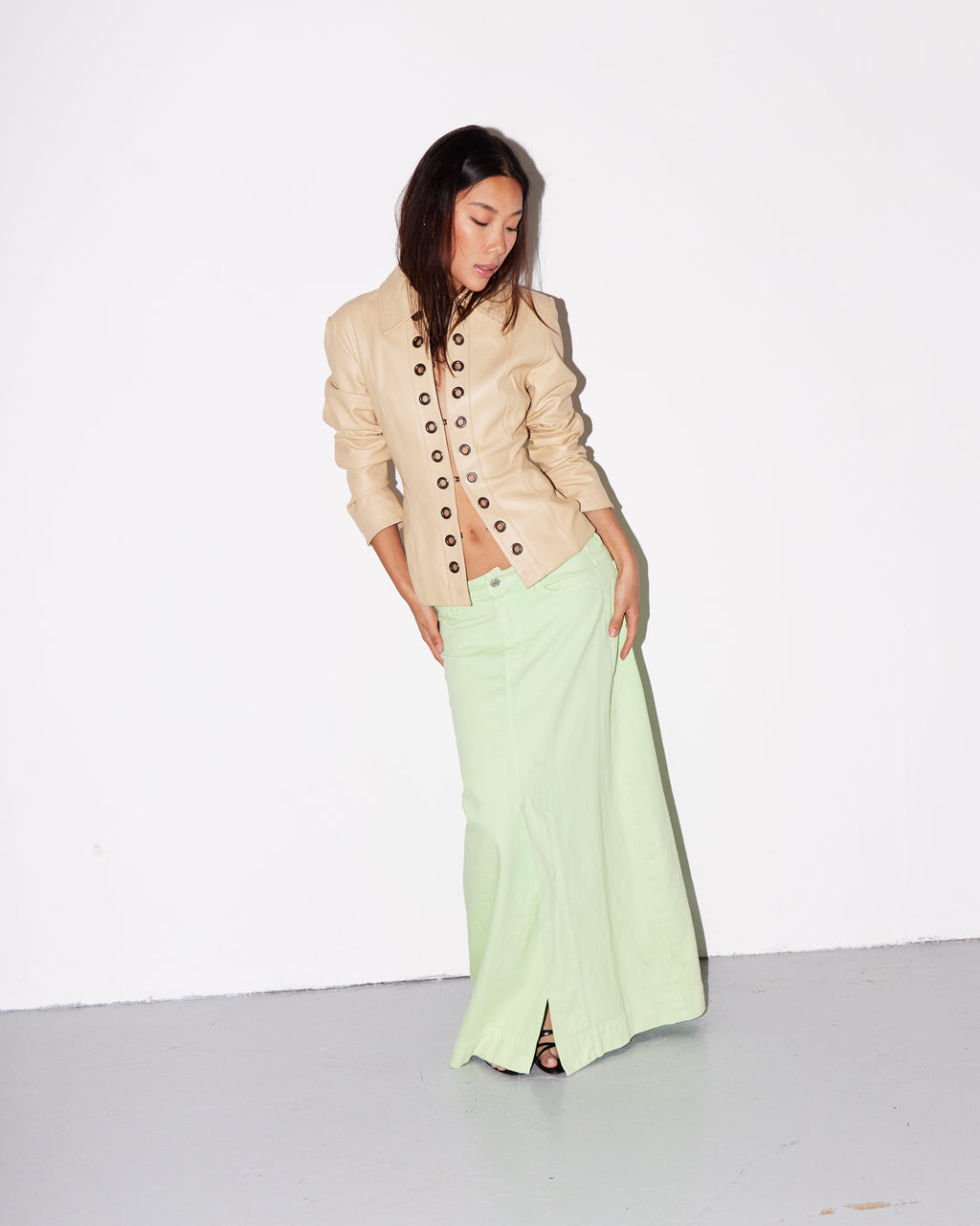 Mint green denim maxi skirt