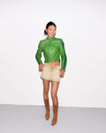 Green cropped leather moto jacket