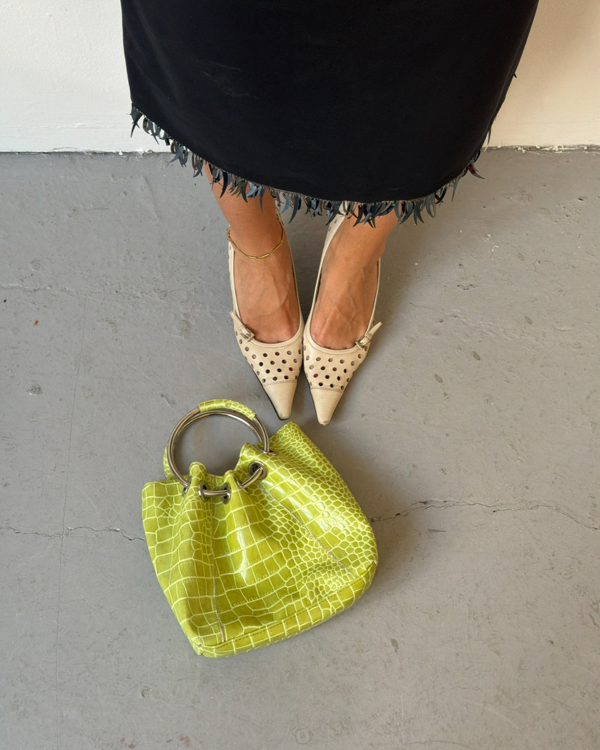 Green croc circle handle bag