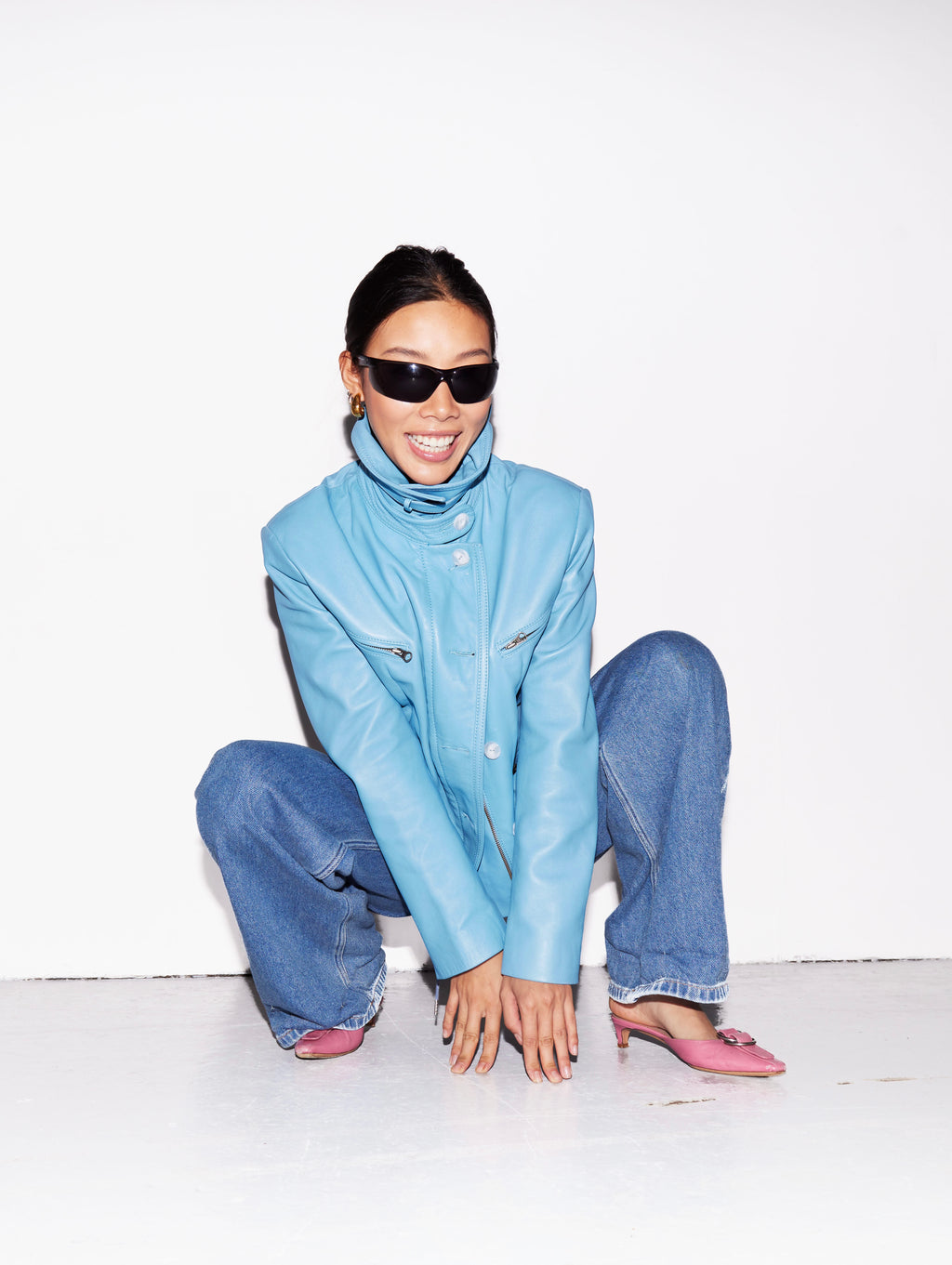 Blue leather buckle jacket