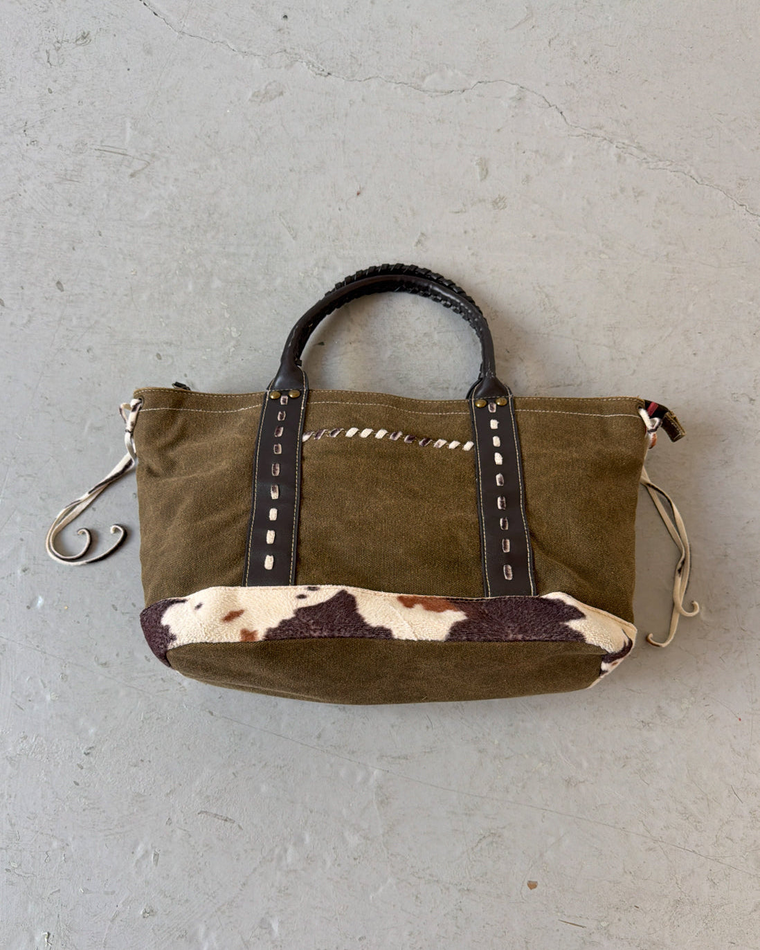 Khaki canvas cow print bag