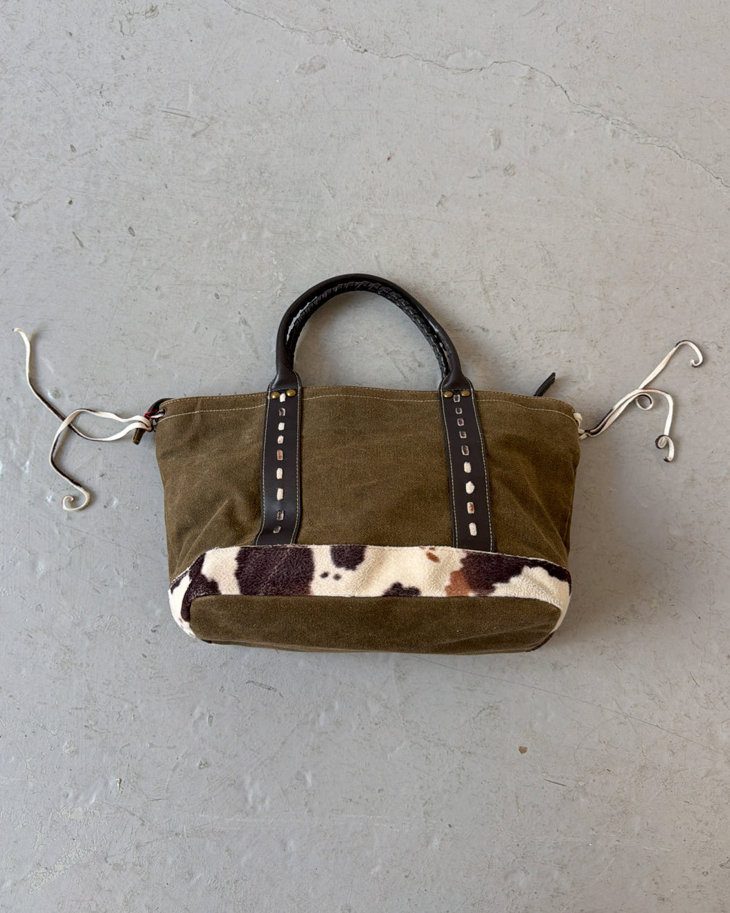 Khaki canvas cow print bag