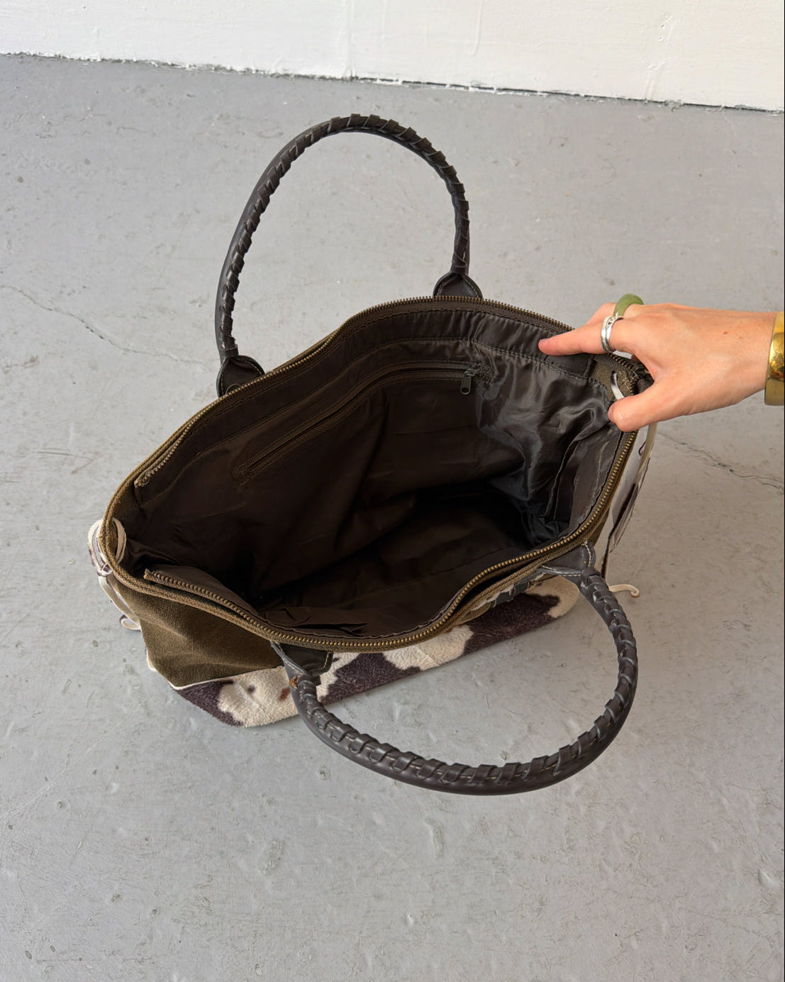 Khaki canvas cow print bag