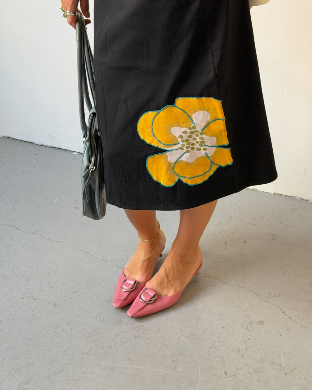 Black flower midi skirt