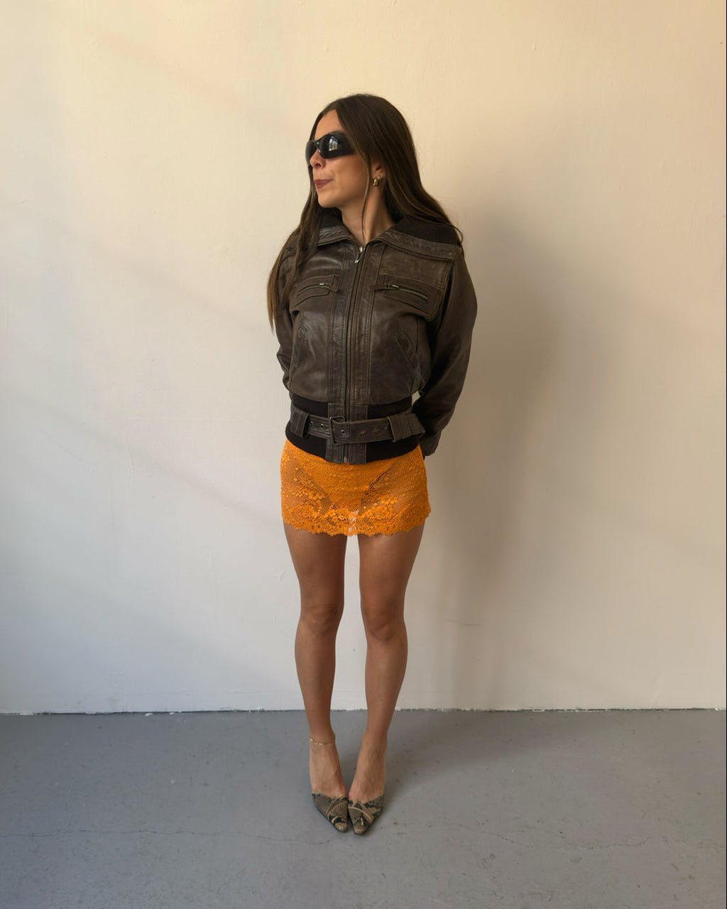 Brown leather buckle jacket