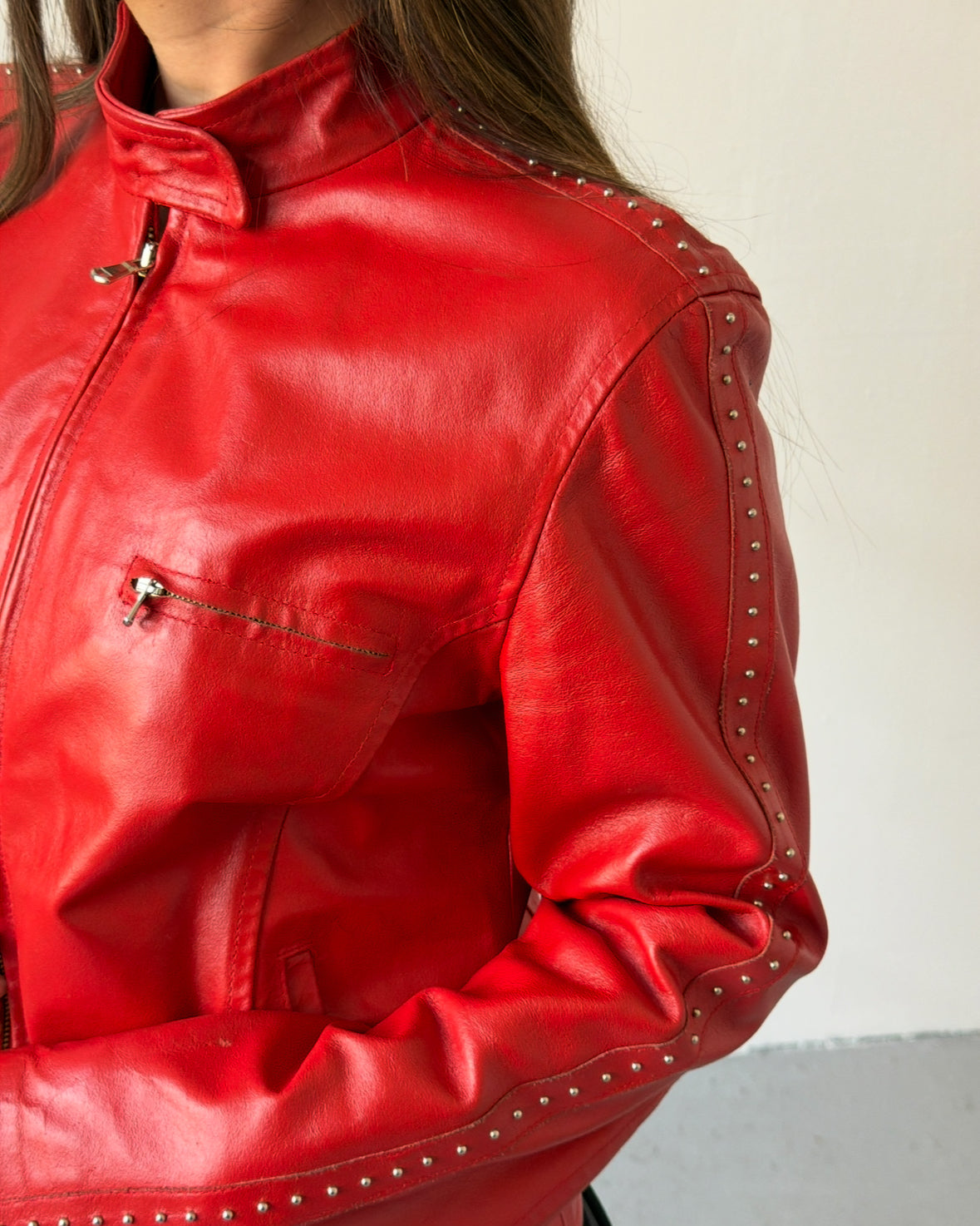 Red stud leather jacket
