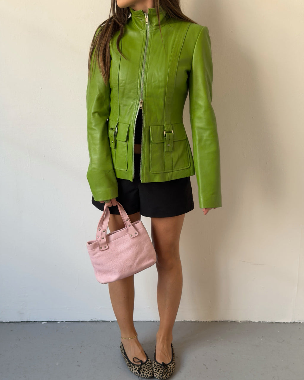 Green leather double zip jacket