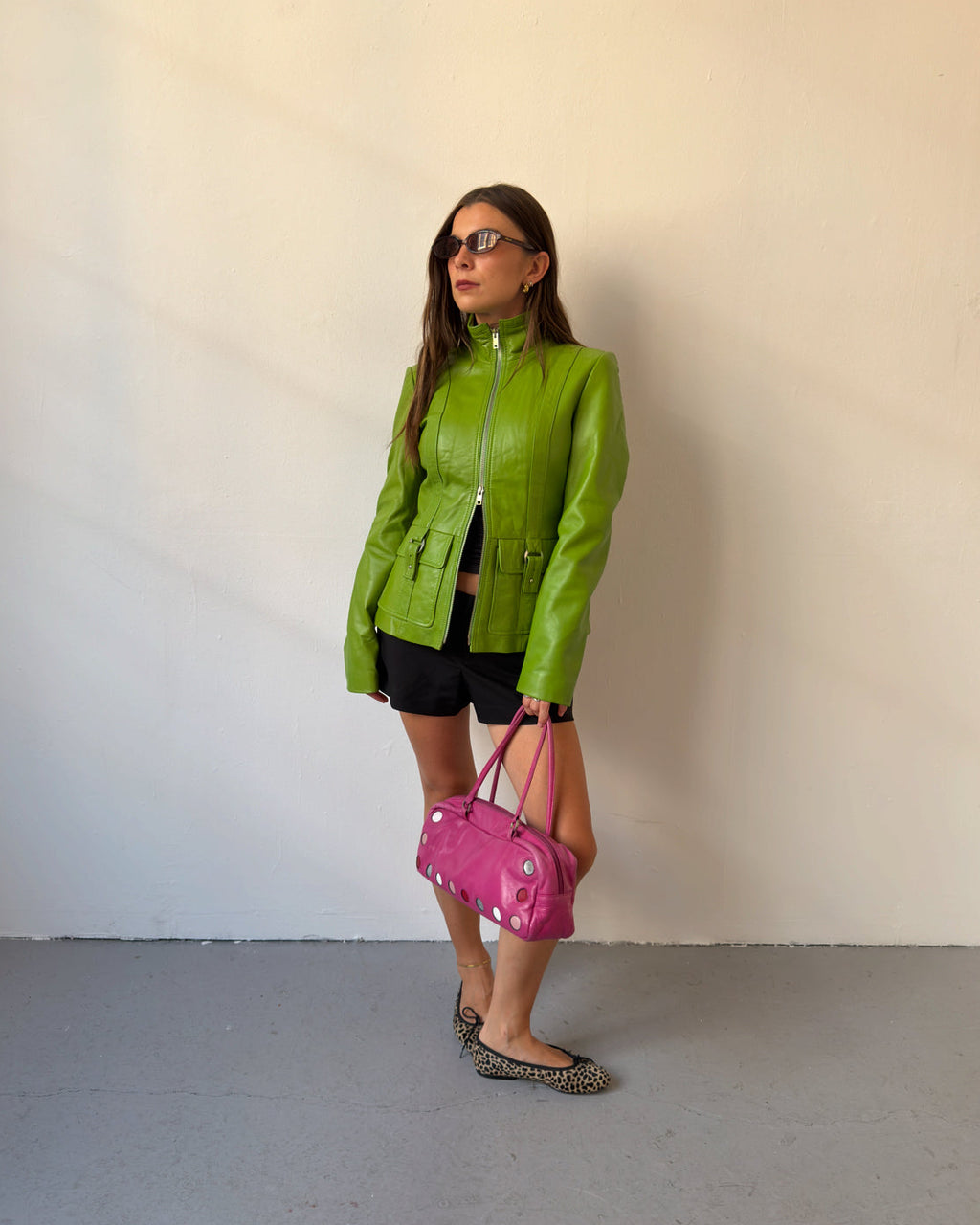 Green leather double zip jacket