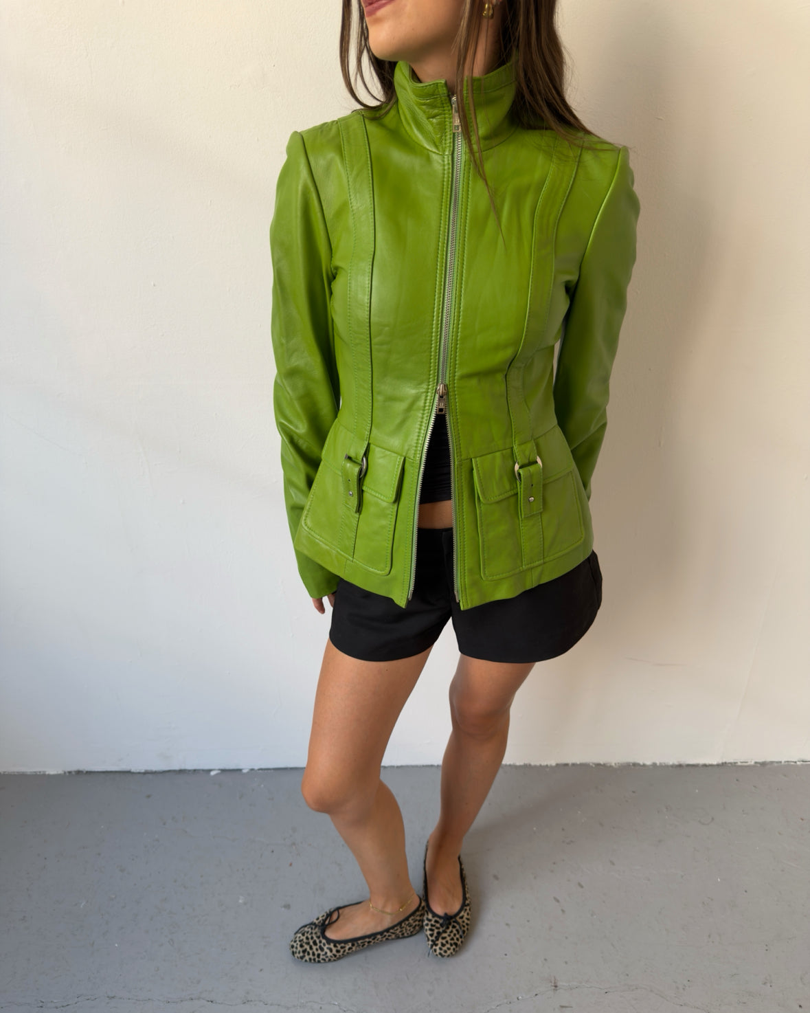 Green leather double zip jacket