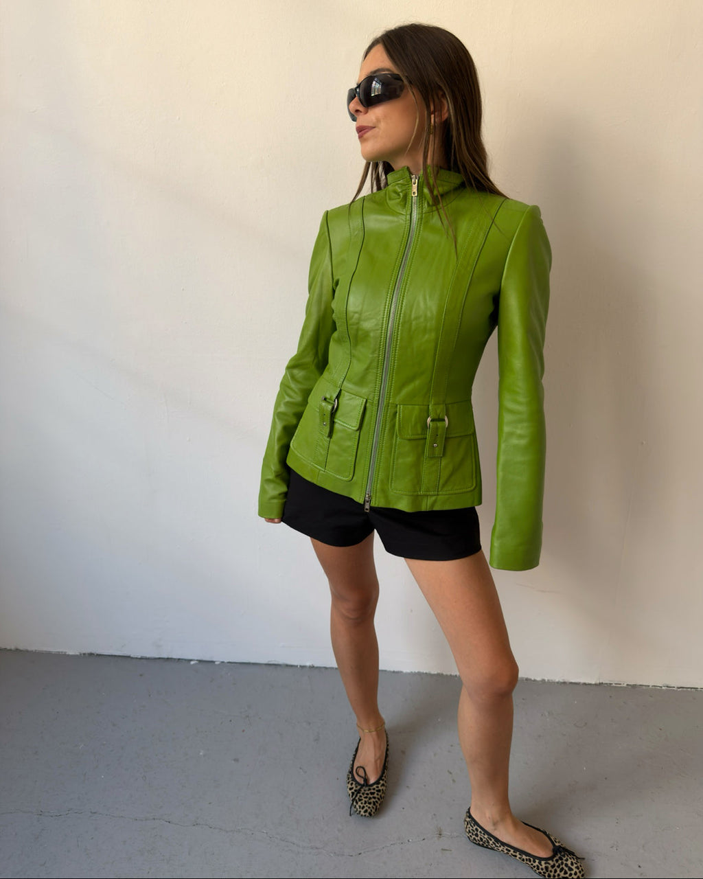 Green leather double zip jacket
