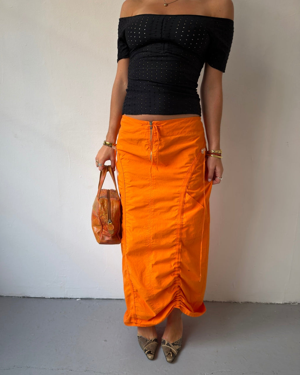 Orange ruched maxi skirt