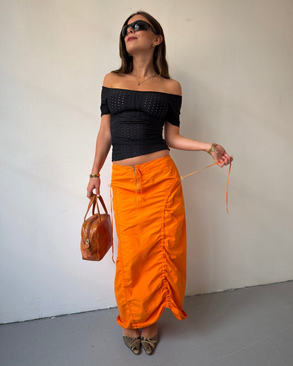 Orange ruched maxi skirt