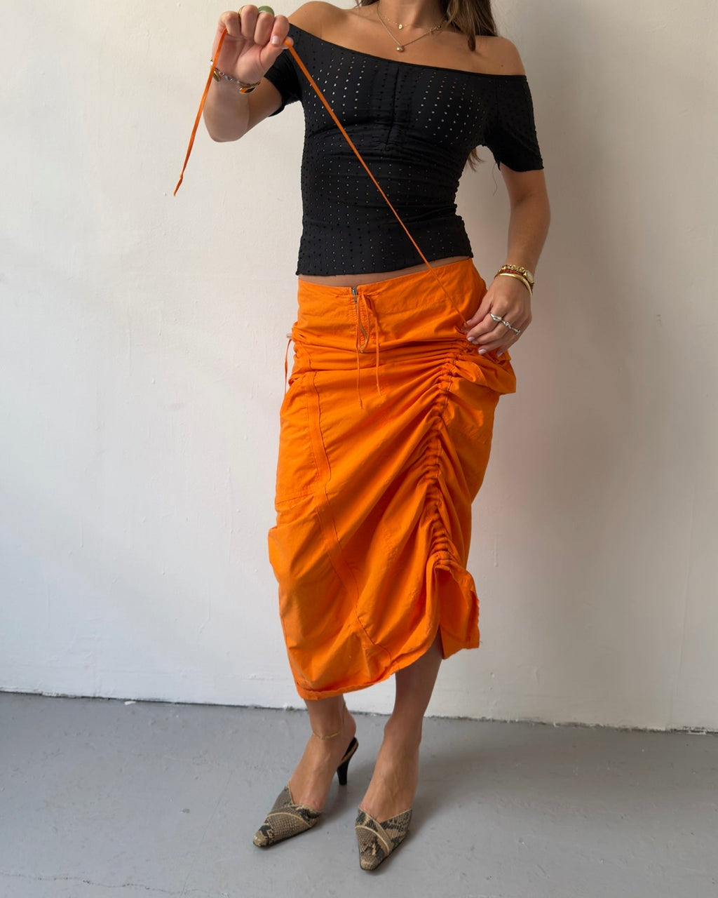 Orange ruched maxi skirt