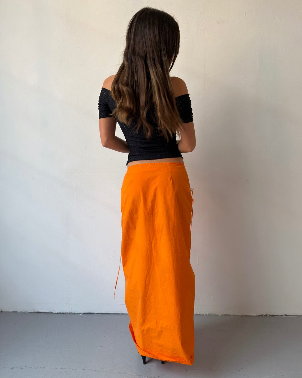 Orange ruched maxi skirt