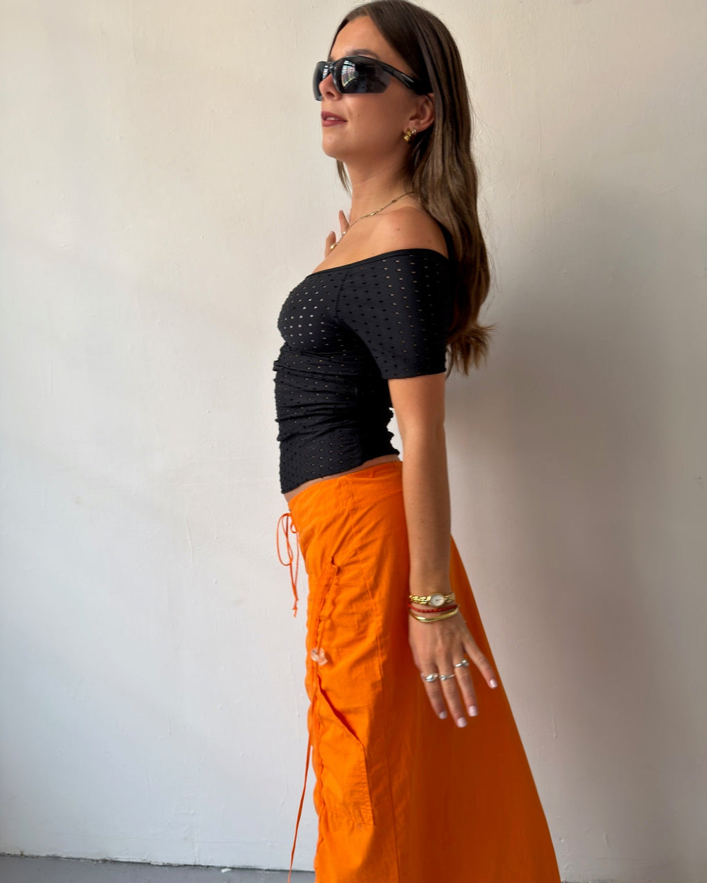 Orange ruched maxi skirt