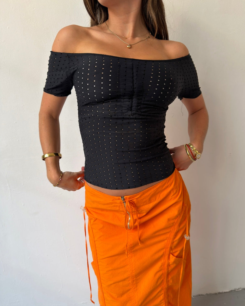 Black off-the-shoulder mesh dot top