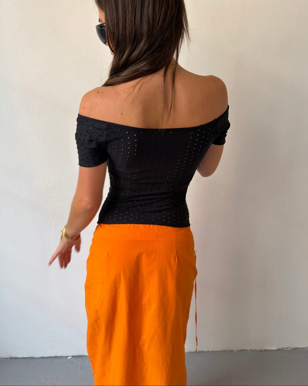 Black off-the-shoulder mesh dot top