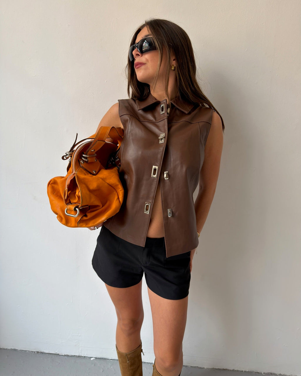 Brown leather sleeveless vest top