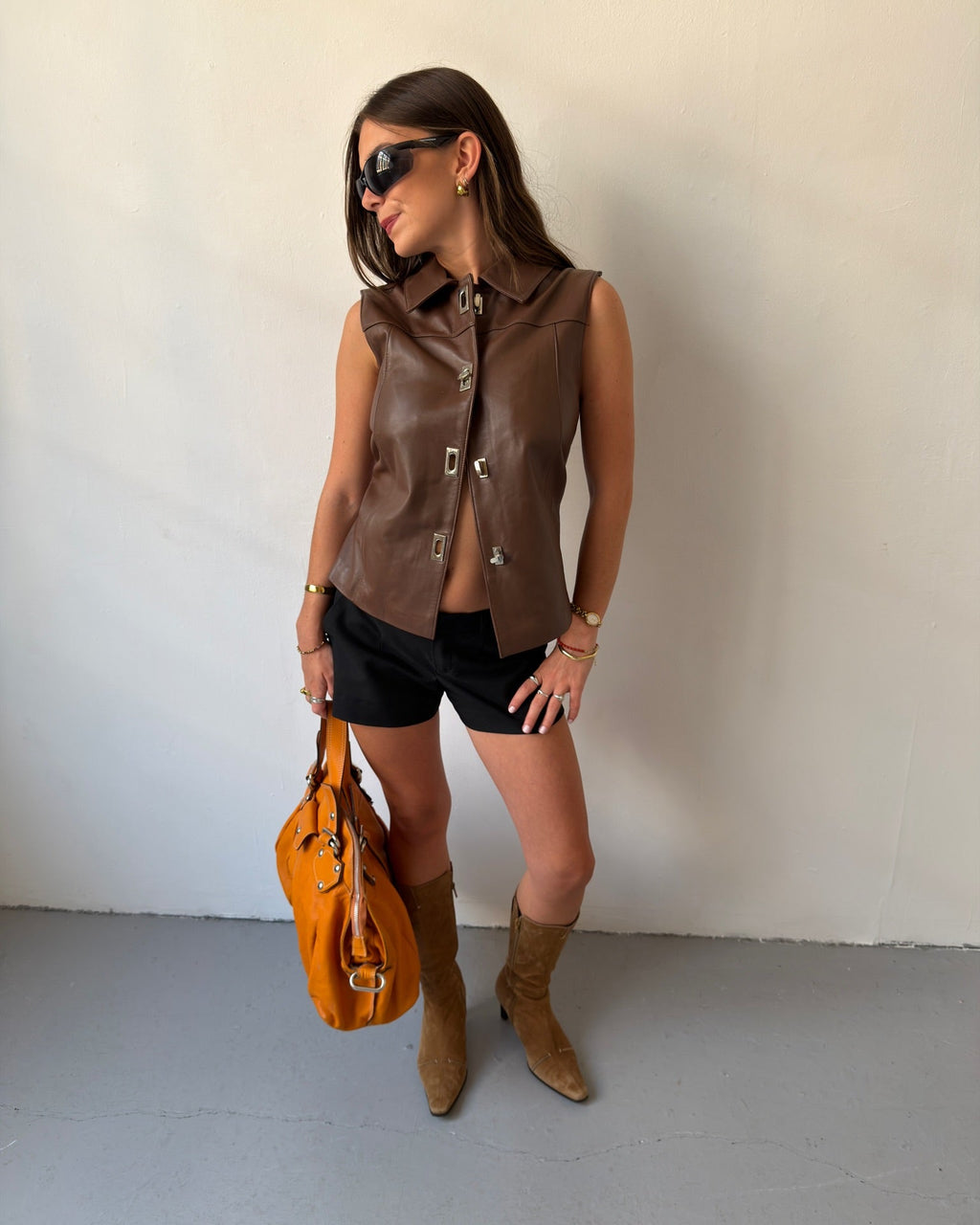 Brown leather sleeveless vest top