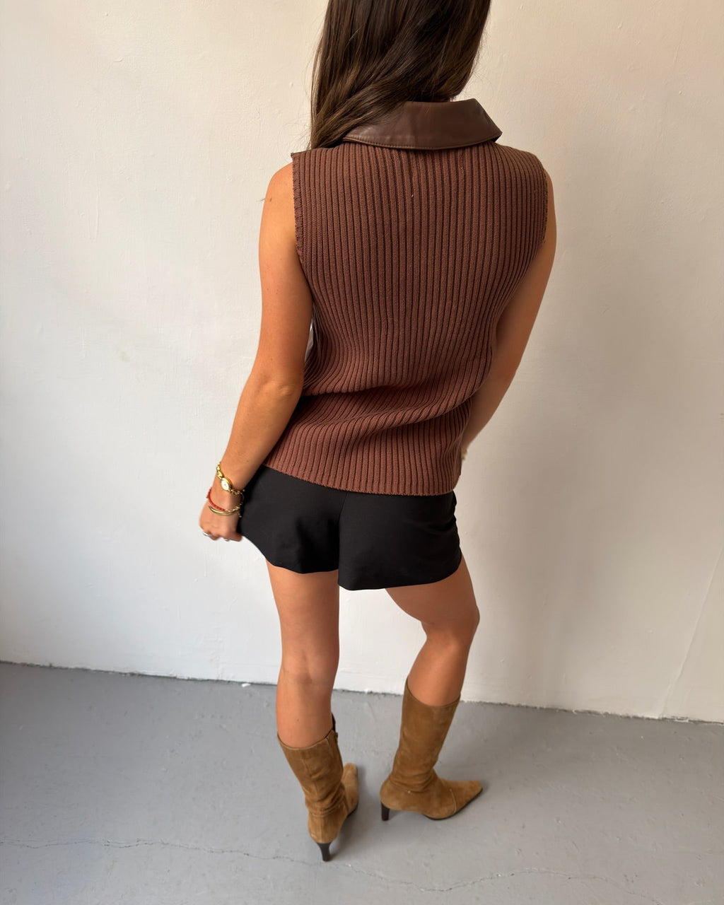 Brown leather sleeveless vest top