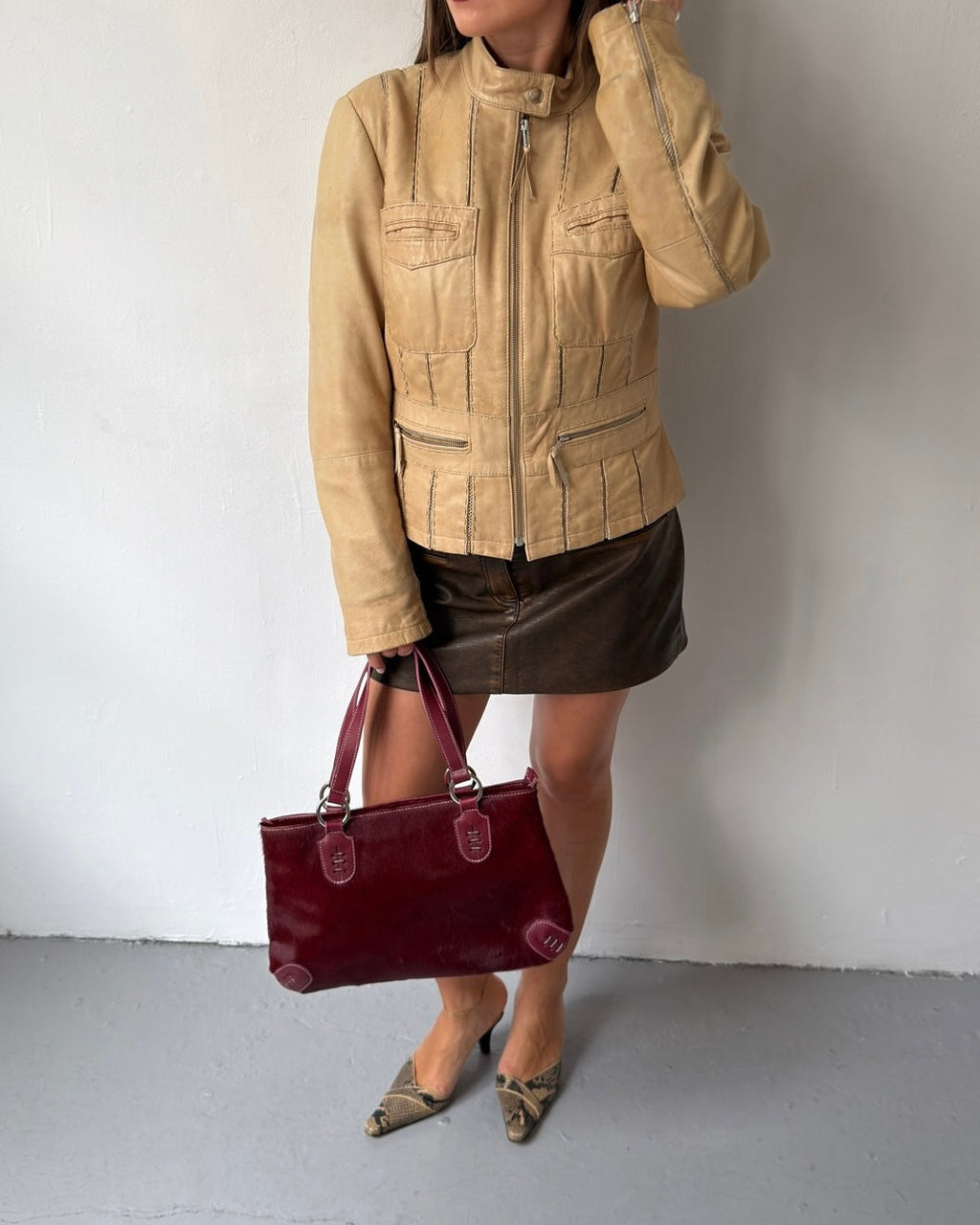Cream panel leather jacket