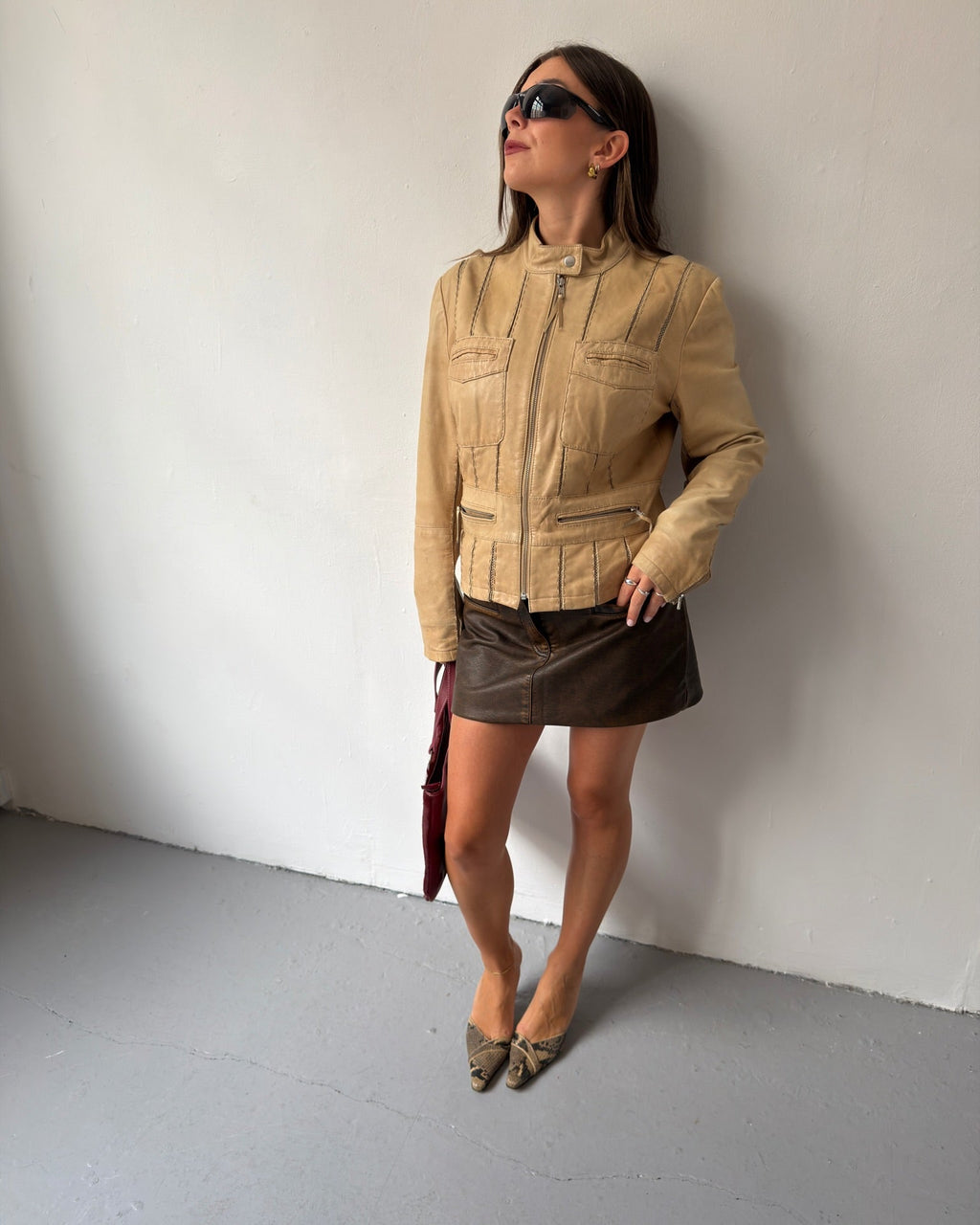 Cream panel leather jacket