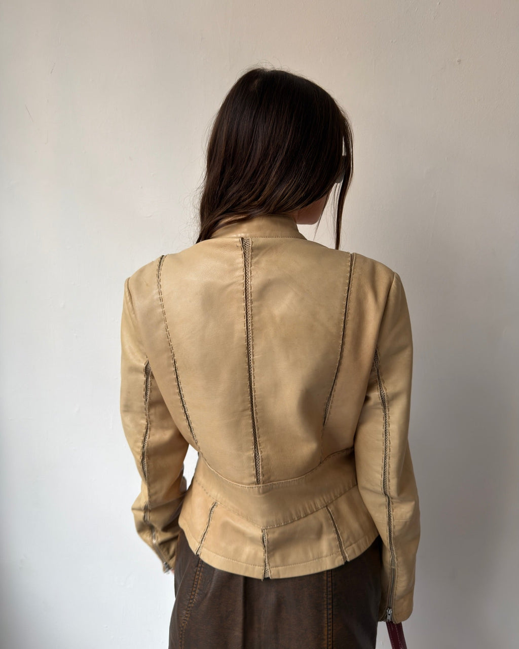 Cream panel leather jacket