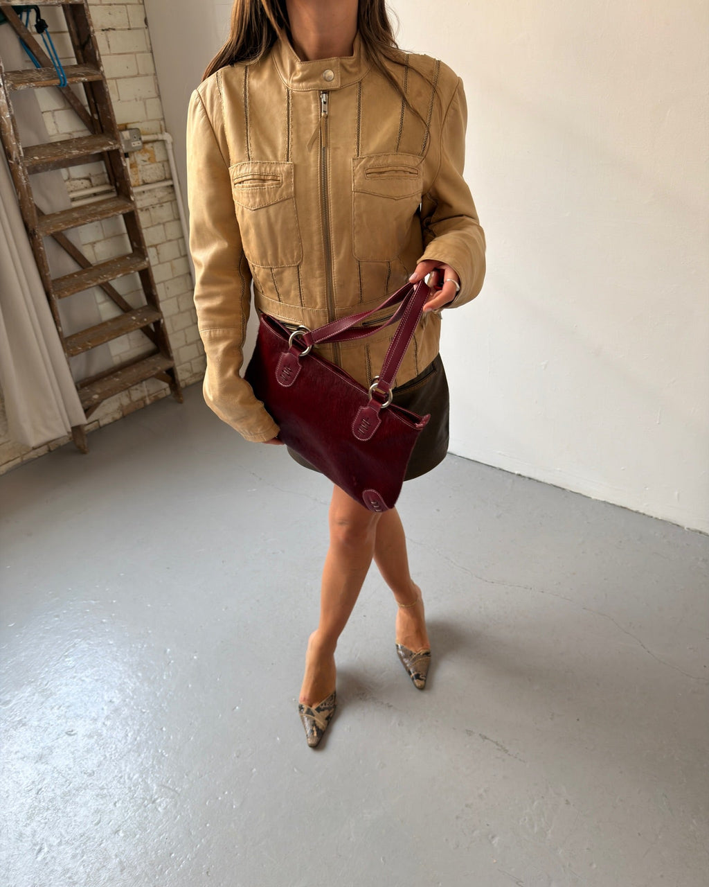 Cream panel leather jacket